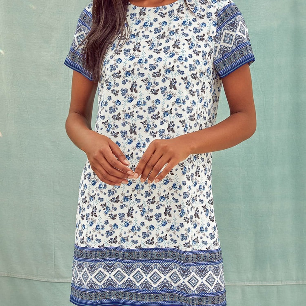 Lulu’s NWT Let’s Travel The World White Floral Print Shift Dress 💙 - Picture 2 of 12